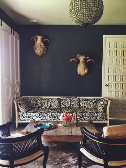 A little snapshot of one of our downstairs rooms. With the grand doors I found and the ridiculously cool sheep heads I scored in a resale shop, the silvery animal skin rug, antique chairs and vintage sofa, I needed the dark grounding walls and the raw coffee table to off set things and keep it unexpected. My favorite thing, juxtapose. It keeps things fun and interesting.